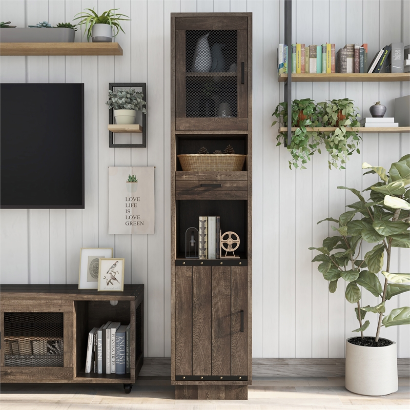 Furniture of America Jax Wood Multimedia Storage Tower Cabinet in Reclaimed Oak