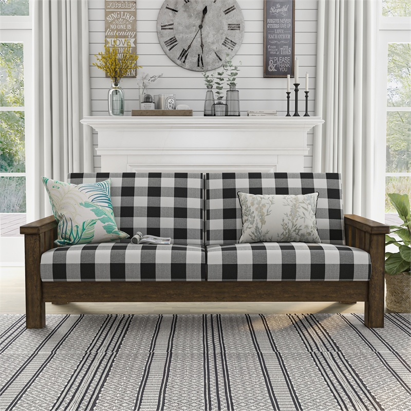 Furniture of America Tally Brown Rustic Wood Finish and Plaid Fabric Sofa