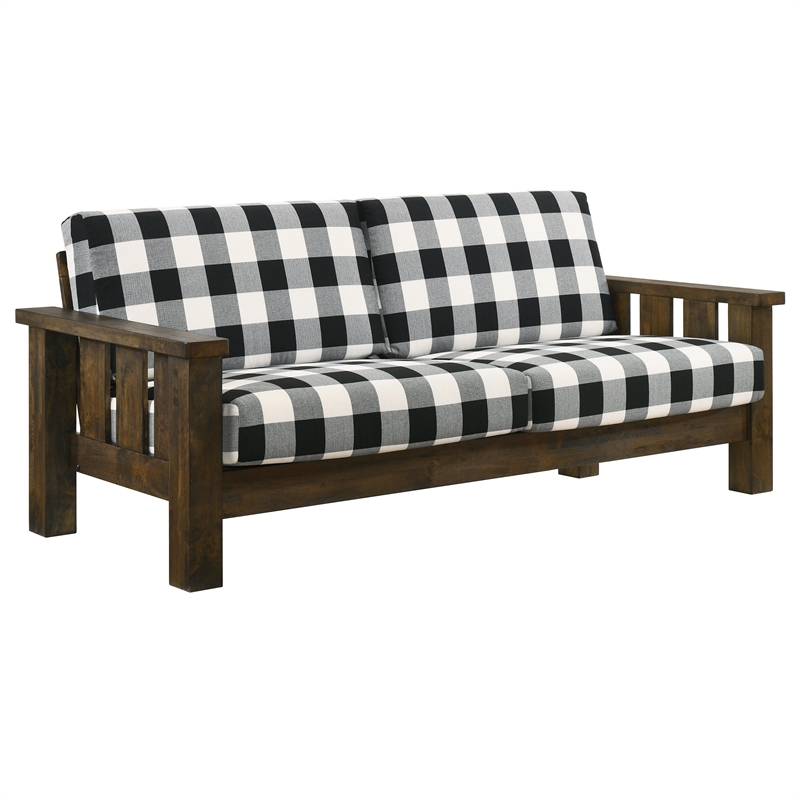 Furniture of America Tally Brown Rustic Wood Finish and Plaid Fabric Sofa