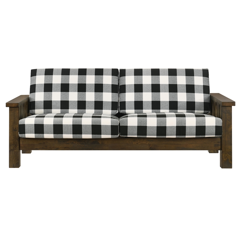 Furniture of America Tally Brown Rustic Wood Finish and Plaid Fabric Sofa
