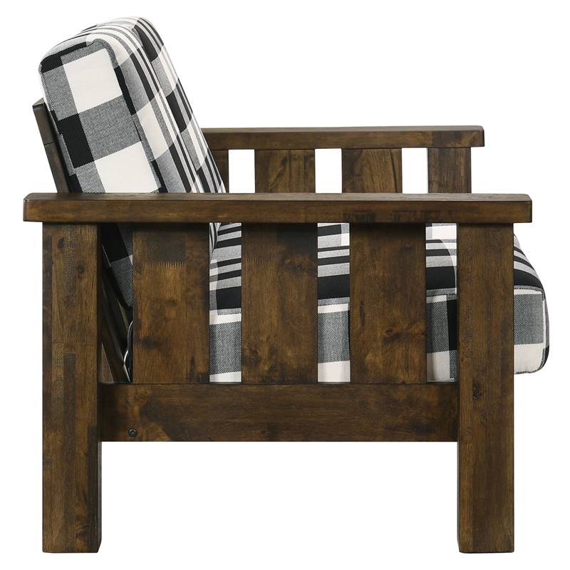Furniture of America Tally Brown Rustic Wood Finish and Plaid Fabric Sofa