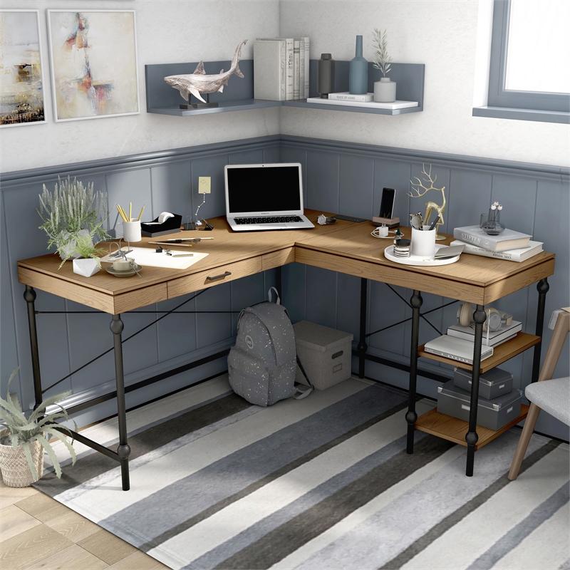 Furniture of America Diego L-shaped Wooden Desk in Brown Oak