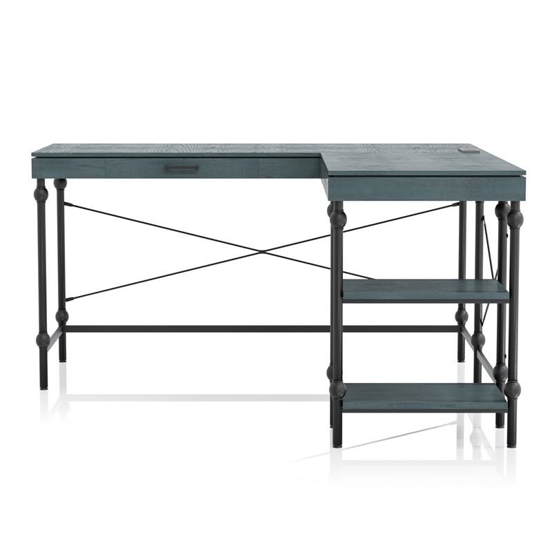 Furniture of America Diego L-shaped Wooden Desk in Antique Blue
