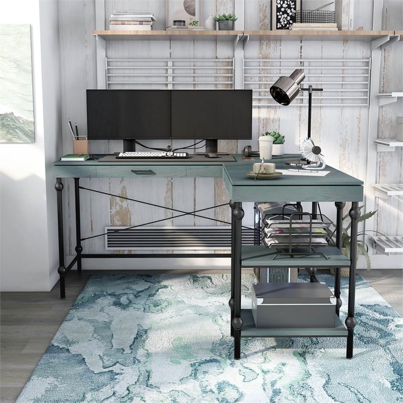 Furniture of America Diego L-shaped Wooden Desk in Antique Blue