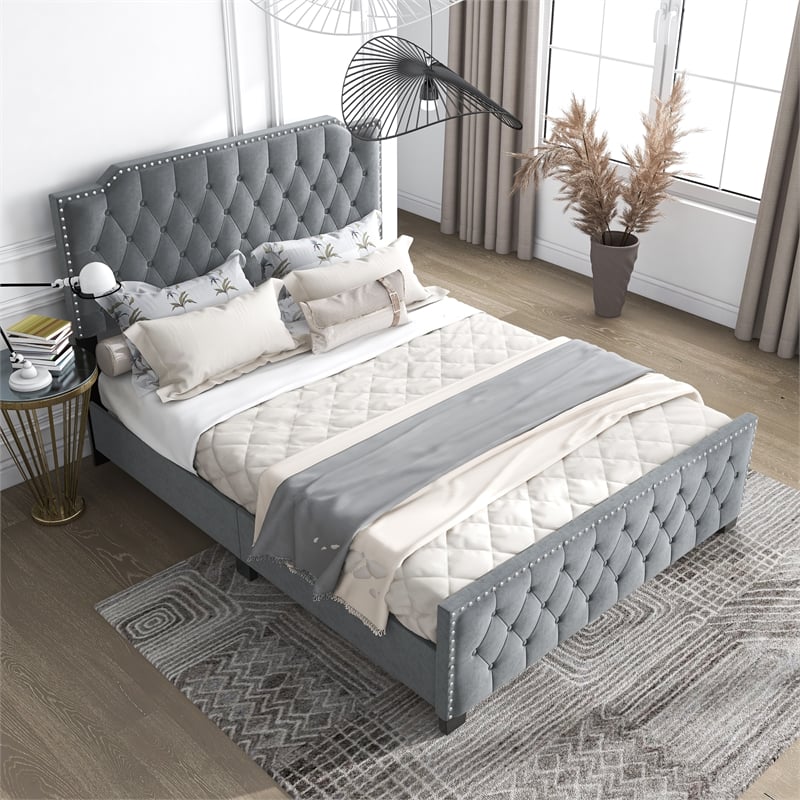 Furniture of America Chetana Light Gray Queen Tufted Upholstered Wood Bed