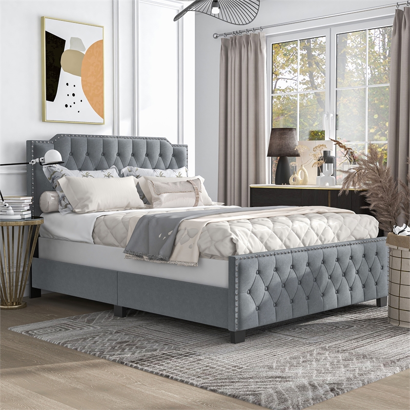 Furniture of America Chetana Light Gray Full Tufted Upholstered Wood Bed