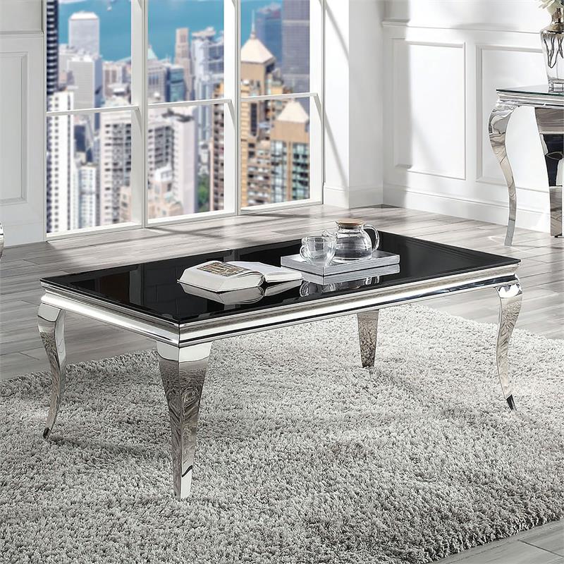Furniture of America Alang Glam Glass Top Coffee Table in Black and Silver
