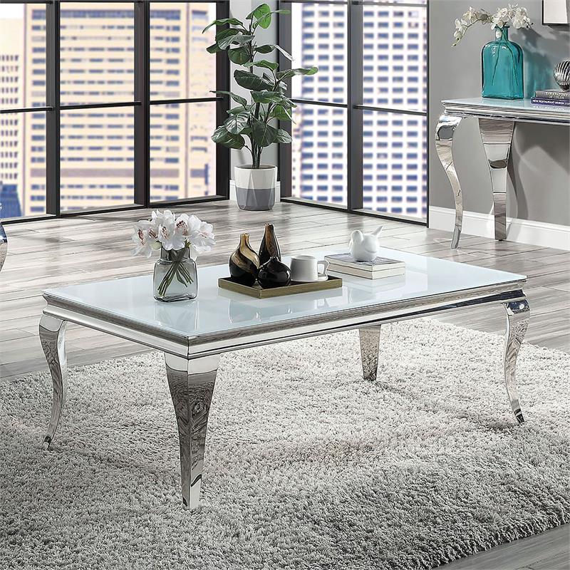 Furniture of America Alang Glam Glass Top Coffee Table in White and Silver