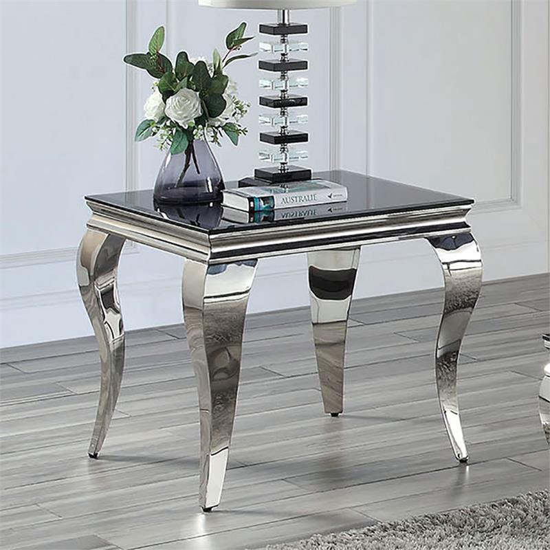 Furniture of America Alang Glam Glass Top End Table in Black and Silver