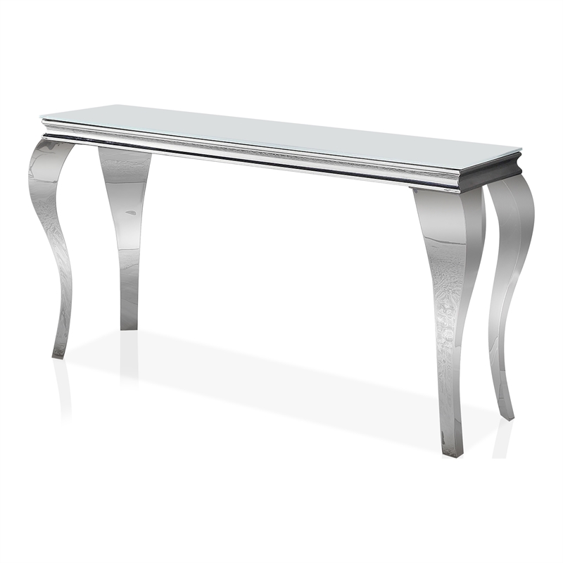 Furniture of America Alang Glam Glass Top Sofa Table in White and Silver