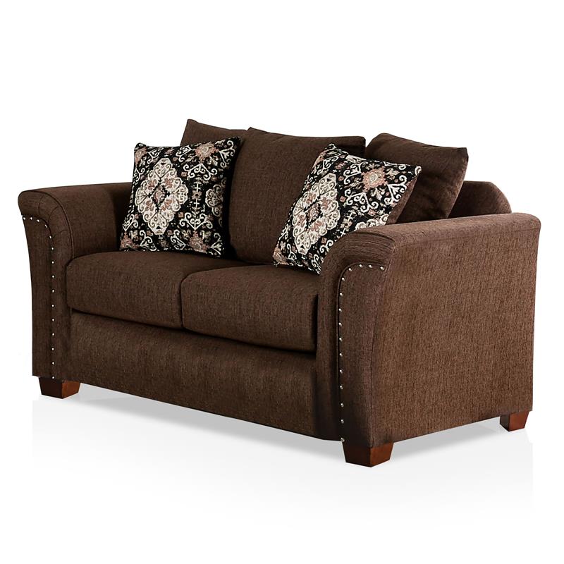 Furniture of America Jaqui Transitional Fabric Nailhead Loveseat in Chocolate