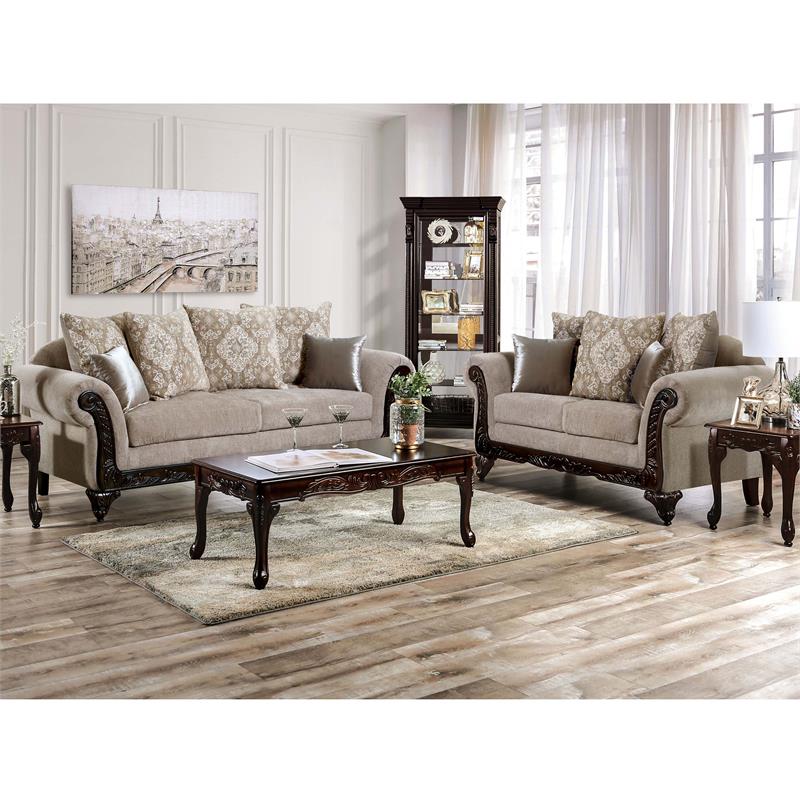 Furniture of America Safin Traditional Chenille Upholstered Loveseat in Beige