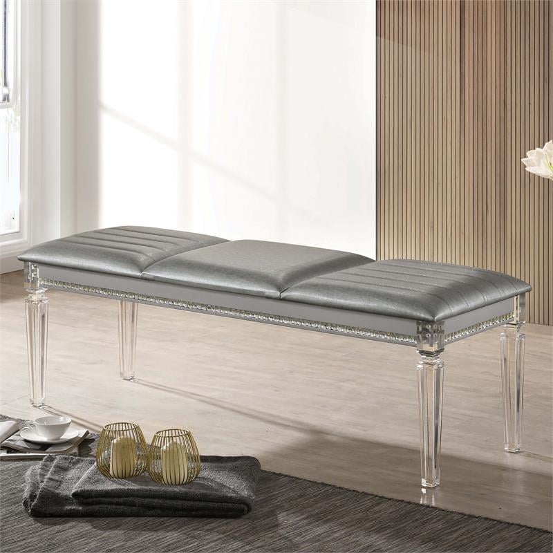 Furniture of America Plumley Contemporary Faux Leather Tufted Bench in Silver