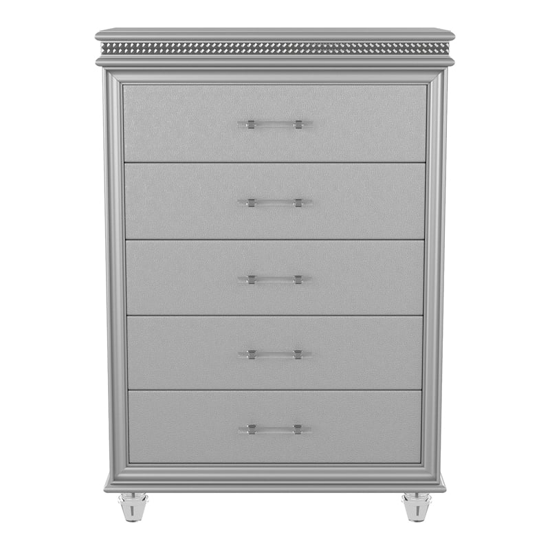 Furniture of America Plumley Contemporary Solid Wood 5-Drawer Chest in Silver