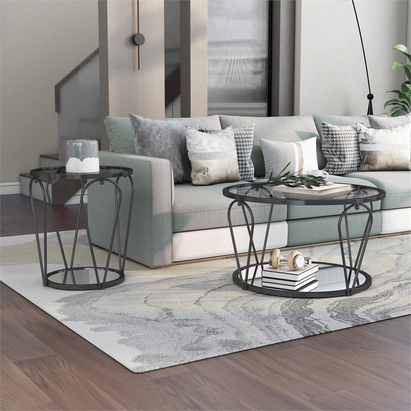 Furniture of America Miffa Contemporary Metal 2-Piece Coffee Table Set in Black
