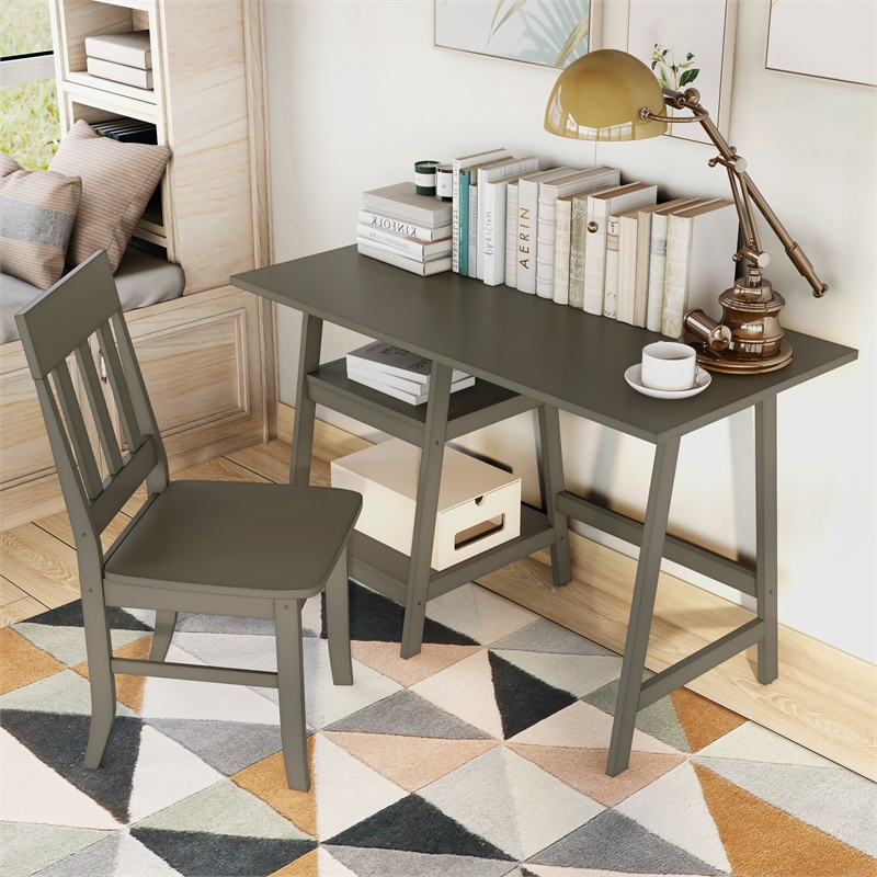 Furniture of America Prenna Wood 2-Piece Writing Desk and Chair Set in Gray