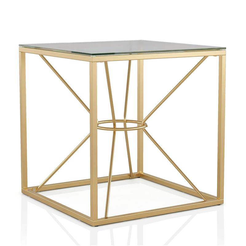 FOA Set of 3 Cevelle Contemporary Glass Top Living Room Tables in Gold