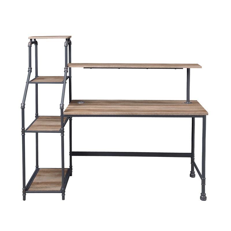 FOA 2-Piece Home Office Metal Desk and Faux Leather Black Chair Set