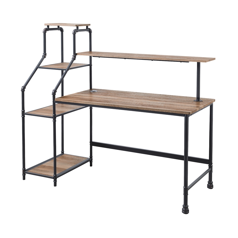 FOA 2-Piece Home Office Metal Desk and Faux Leather Black Chair Set
