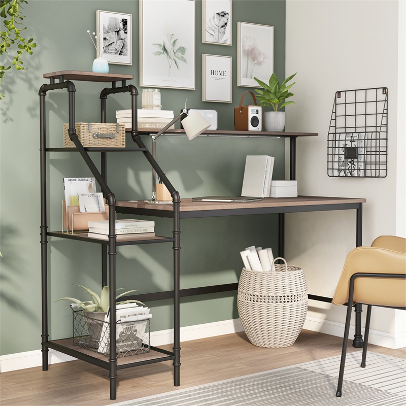 FOA 2-Piece Home Office Metal Desk and Faux Leather Black Chair Set
