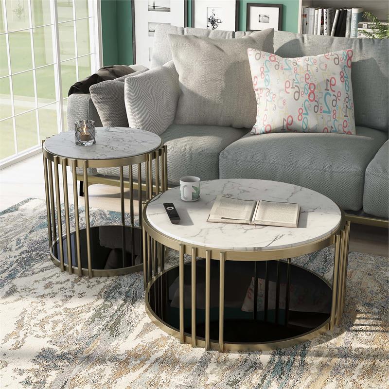 Furniture of America Kual Contemporary Metal 2-Piece Coffee Table Set in Brass