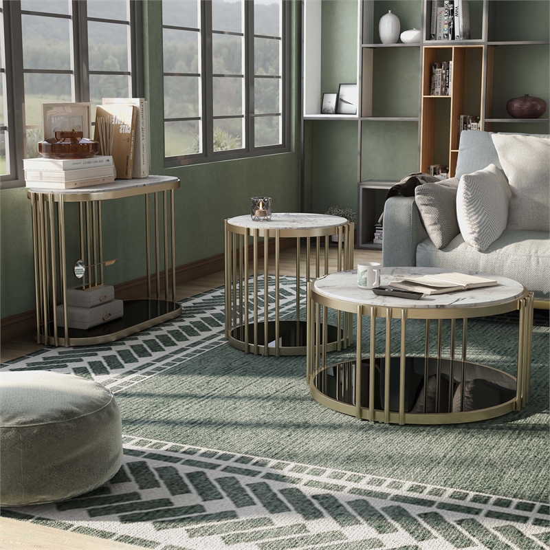 Furniture of America Kual Contemporary Metal 3-Piece Coffee Table Set in Brass