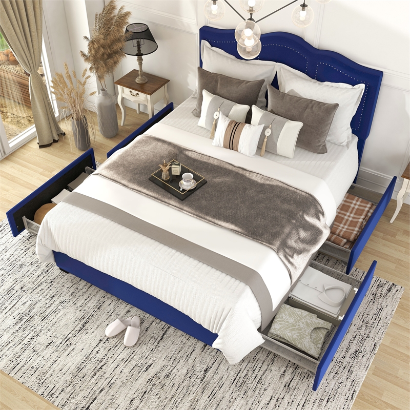 Furniture of America Alameda Fabric Upholstered Full Bed with Drawers in Navy