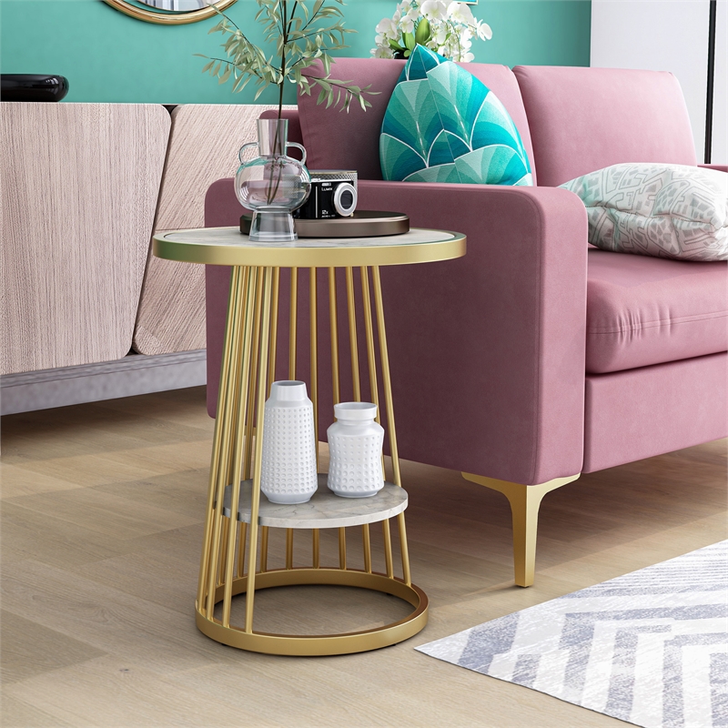 Furniture of America Amador Metal 1-Shelf Side Table in Gold and White