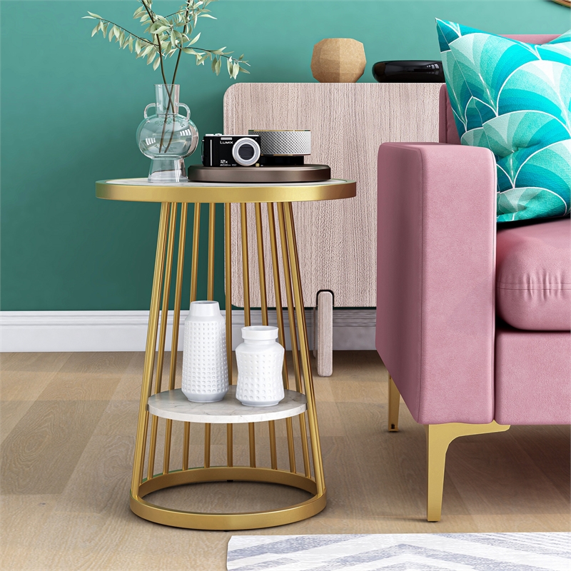 Furniture of America Amador Metal 1-Shelf Side Table in Gold and White