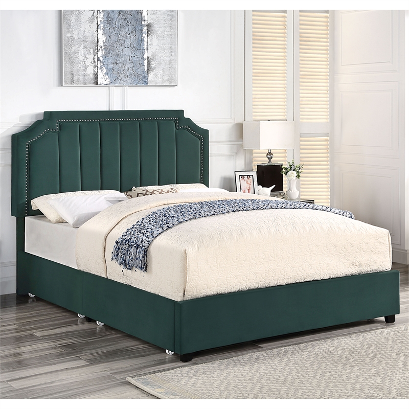 Furniture of America Landhill Glam Fabric Upholstered Full Bed in Dark Green