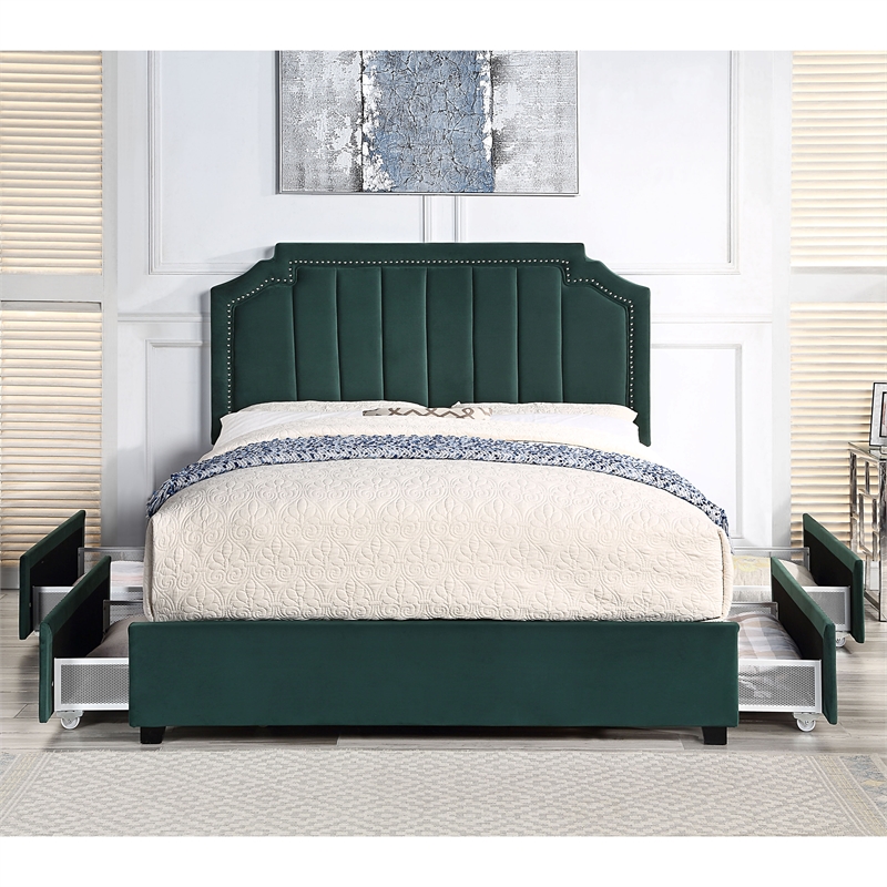 Furniture of America Landhill Glam Fabric Upholstered Full Bed in Dark Green