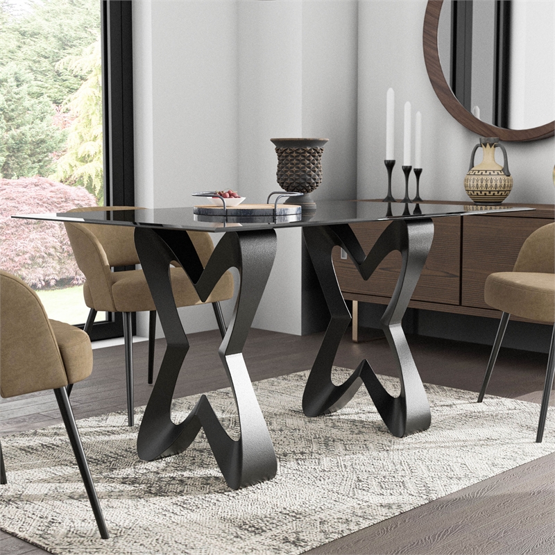 Furniture of America Saginaw Gray Glass Top Dining Table in Black