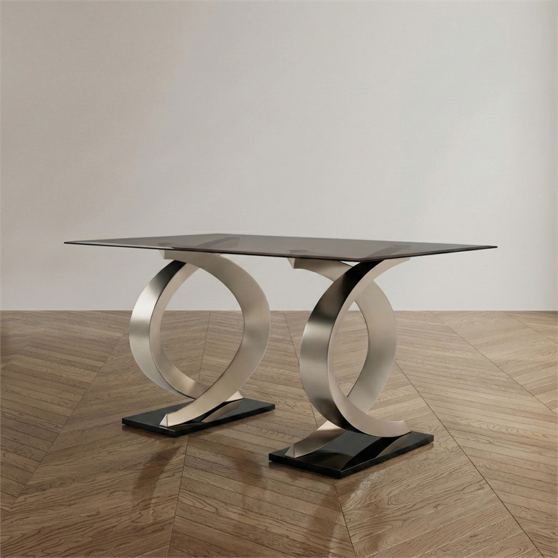 Furniture of America Saginaw Double Pedestal Glass Top Dining Table in Gray