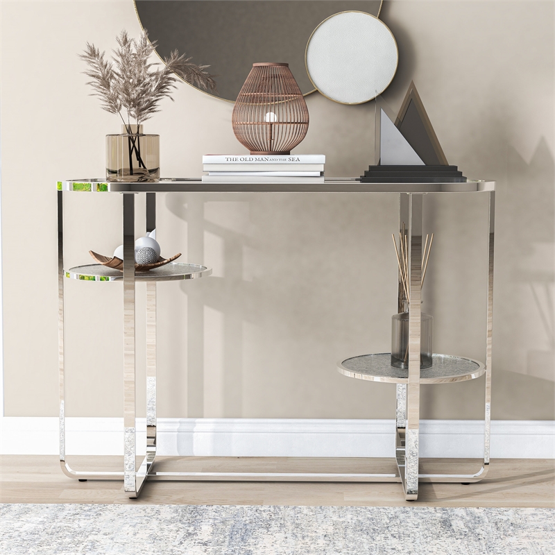 Furniture of America Ludington Metal 2-Shelf Waterfall Sofa Table in Chrome