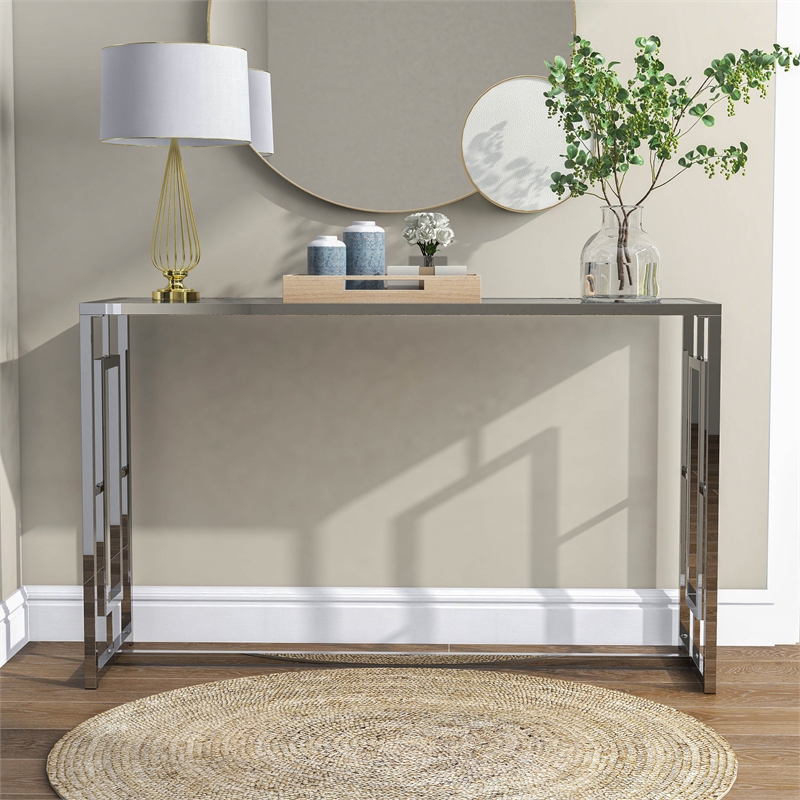 Furniture of America Harper Metal Chrome Sofa Table with Waterfall Pattern Top