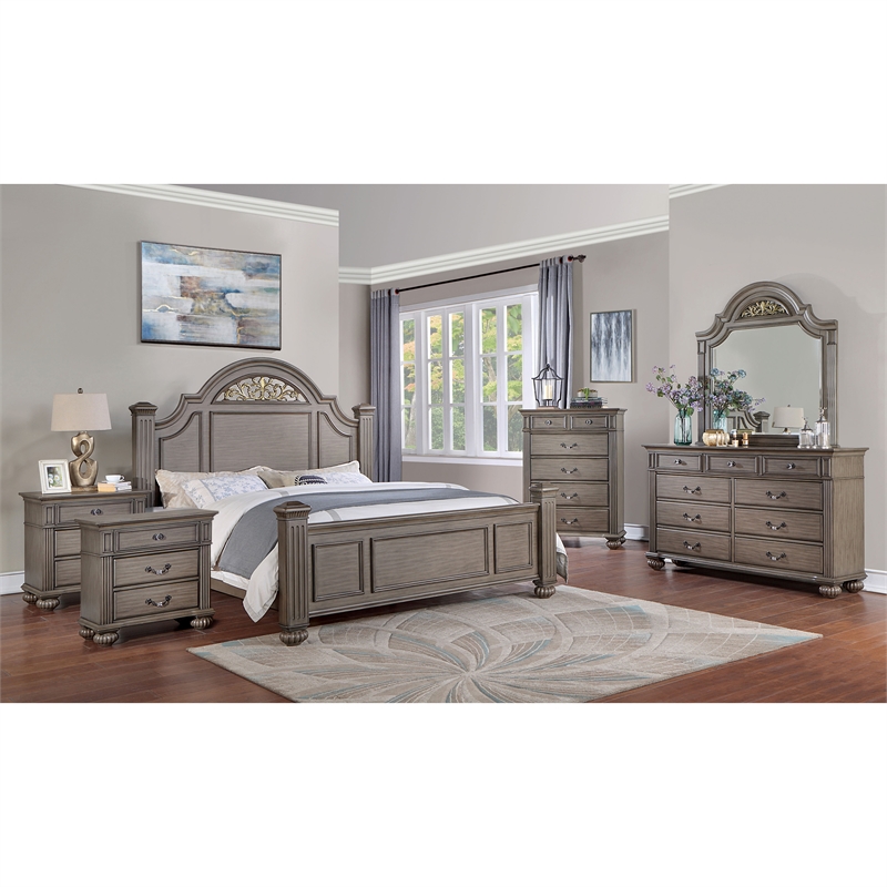 FOA Damos 6pc Gray Wood Bedroom Set-King+2 Nightstands+Chest+Dresser+Mirror