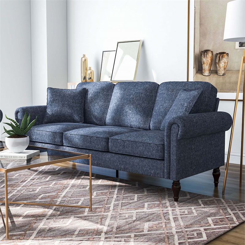 Furniture of America Elm Chenille Upholstered Blue Sofa and Care Kit