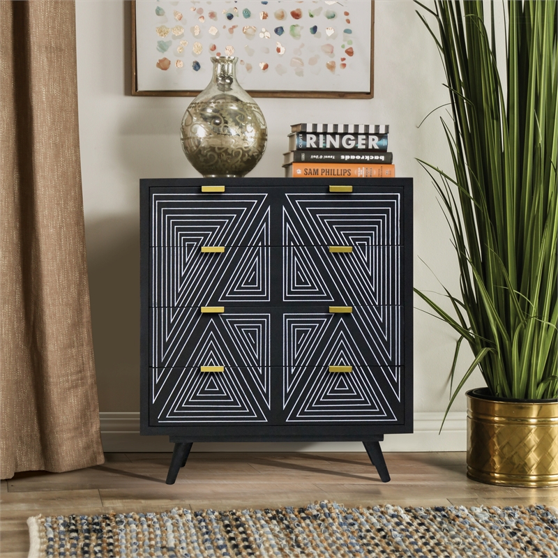 Furniture of America Kanan Art Deco Solid Wood 4-Drawer Accent Chest in Black