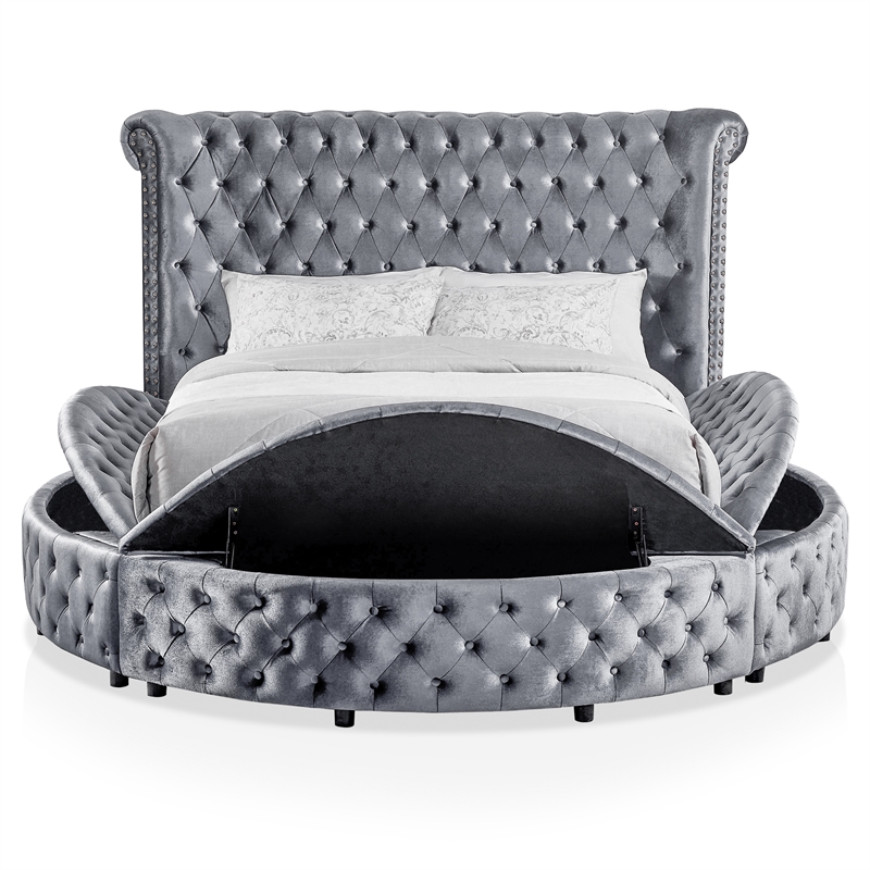 FOA Vriam 3-Piece Gray Fabric Storage Bedroom Set - King + 2 Nightstands
