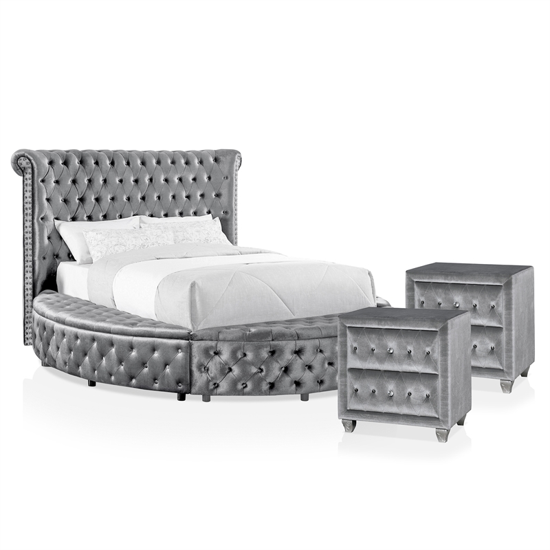 FOA Vriam 3-Piece Gray Fabric Storage Bedroom Set - King + 2 Nightstands