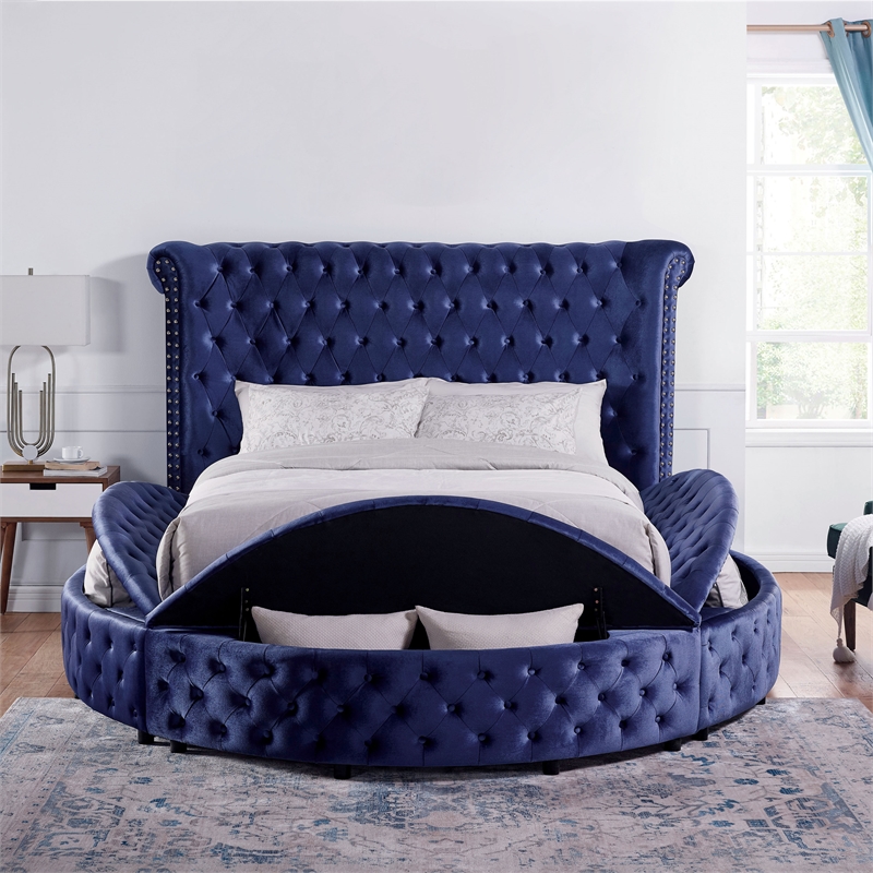 Furniture of America Vriam Glam Fabric Wingback Storage King Bed in Blue