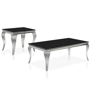Furniture of America Alang Glass Top 2pc Coffee Table Set in Black and Silver