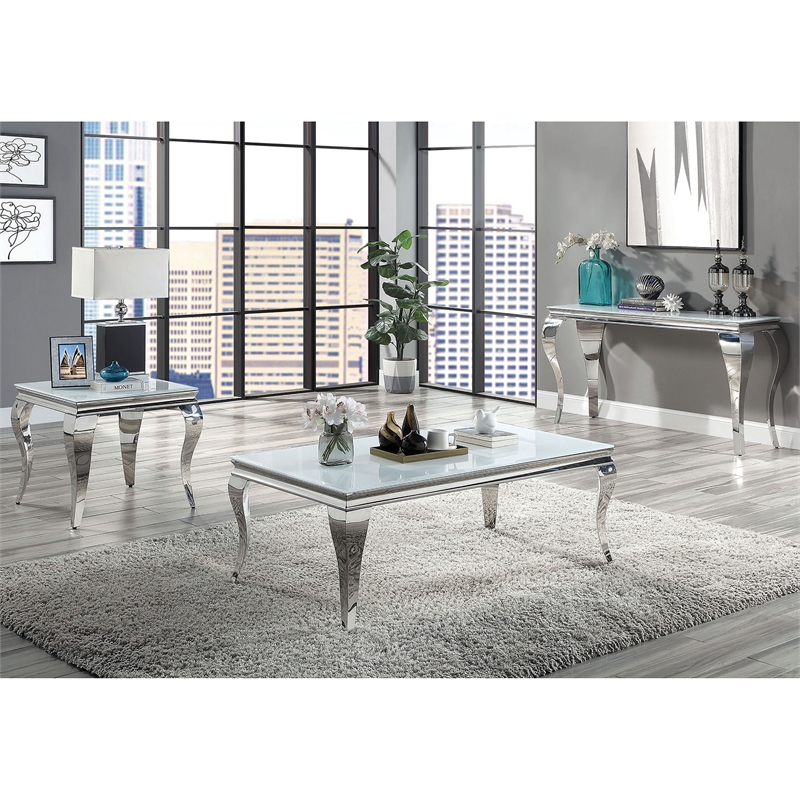Furniture of America Alang Glass Top 3pc Coffee Table Set in White and Silver