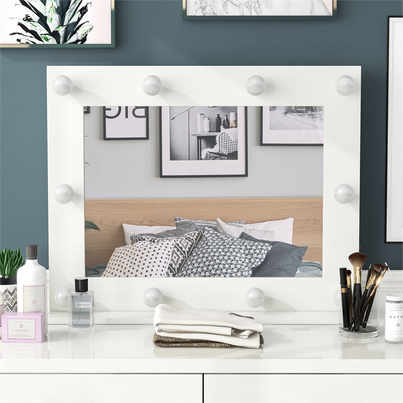 Furniture of America Knott Glam Wood Mirror with Bulbs and USB in White