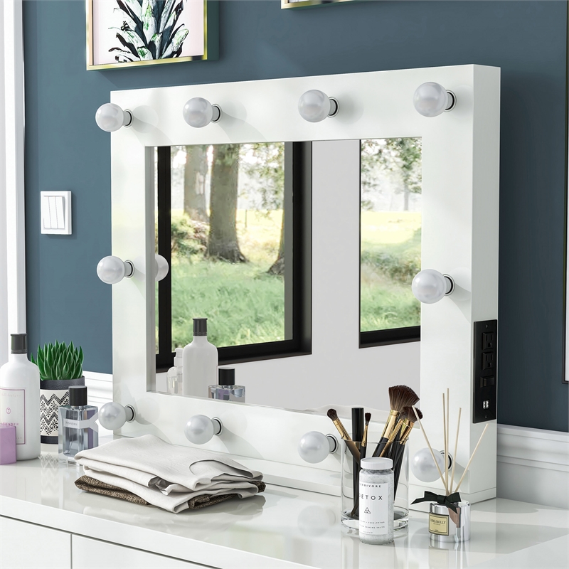 Furniture of America Knott Glam Wood Mirror with Bulbs and USB in White