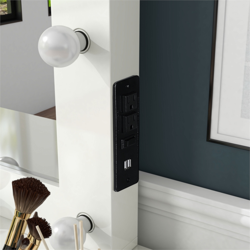 Furniture of America Knott Glam Wood Mirror with Bulbs and USB in White