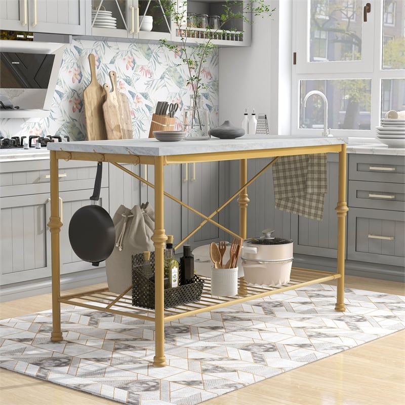Furniture of America Froy Marble Top Kitchen Island in Gold and White