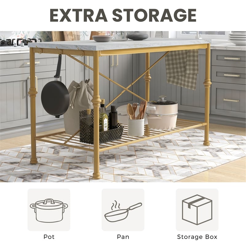 Furniture of America Froy Marble Top Kitchen Island in Gold and White
