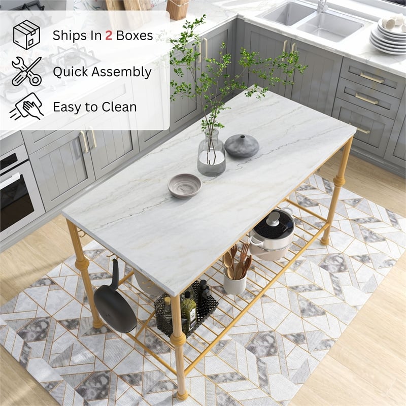 Furniture of America Froy Marble Top Kitchen Island in Gold and White