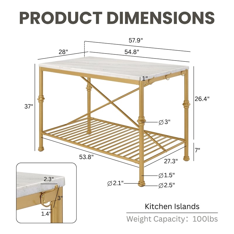 Furniture of America Froy Marble Top Kitchen Island in Gold and White